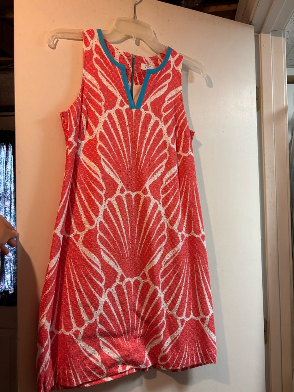 crown & ivy Coral and White Shell-Print Mini Dress with Blue Trim
